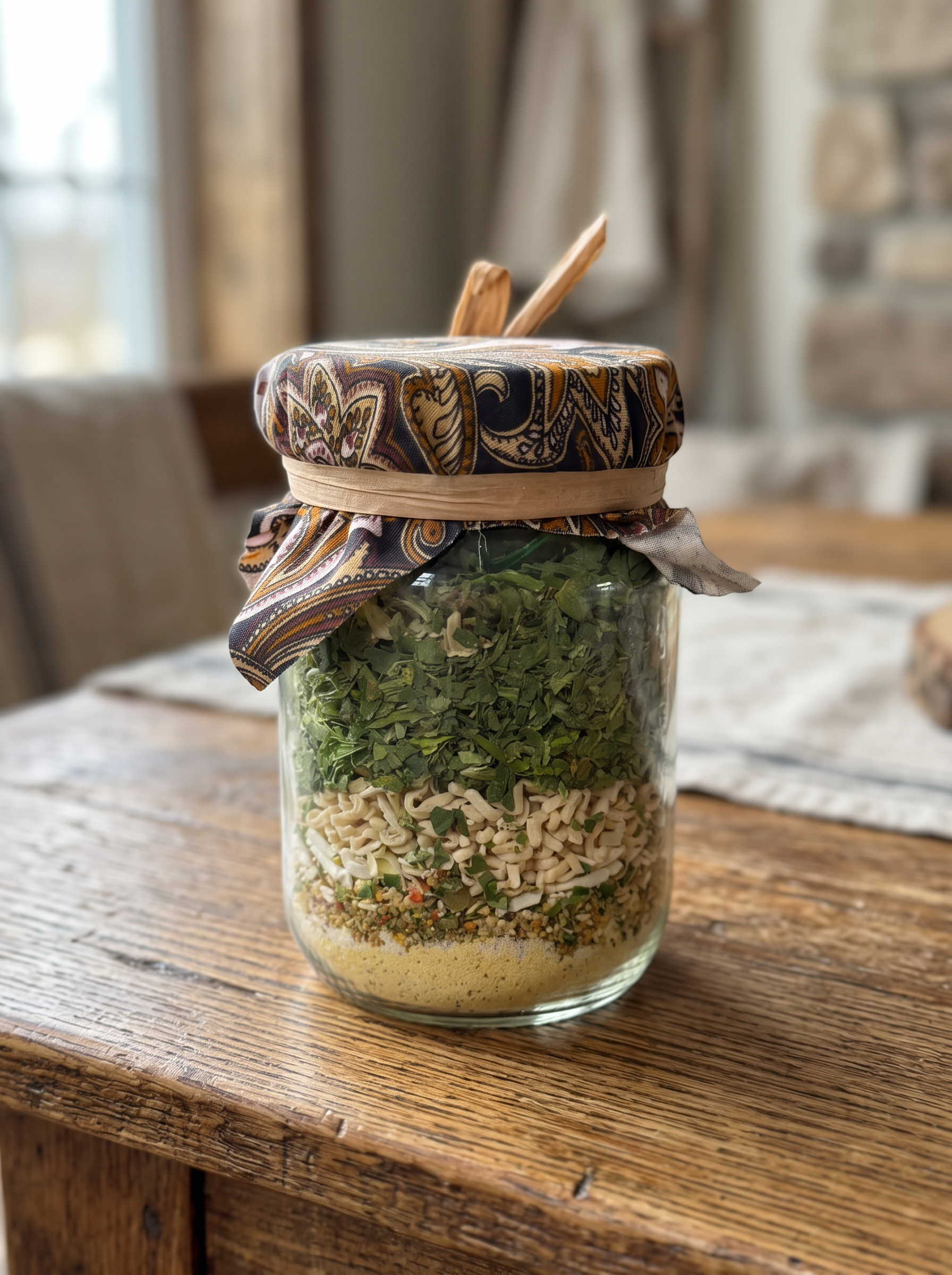 Layered jar of dried herbs and noodles under a paisley cloth lid