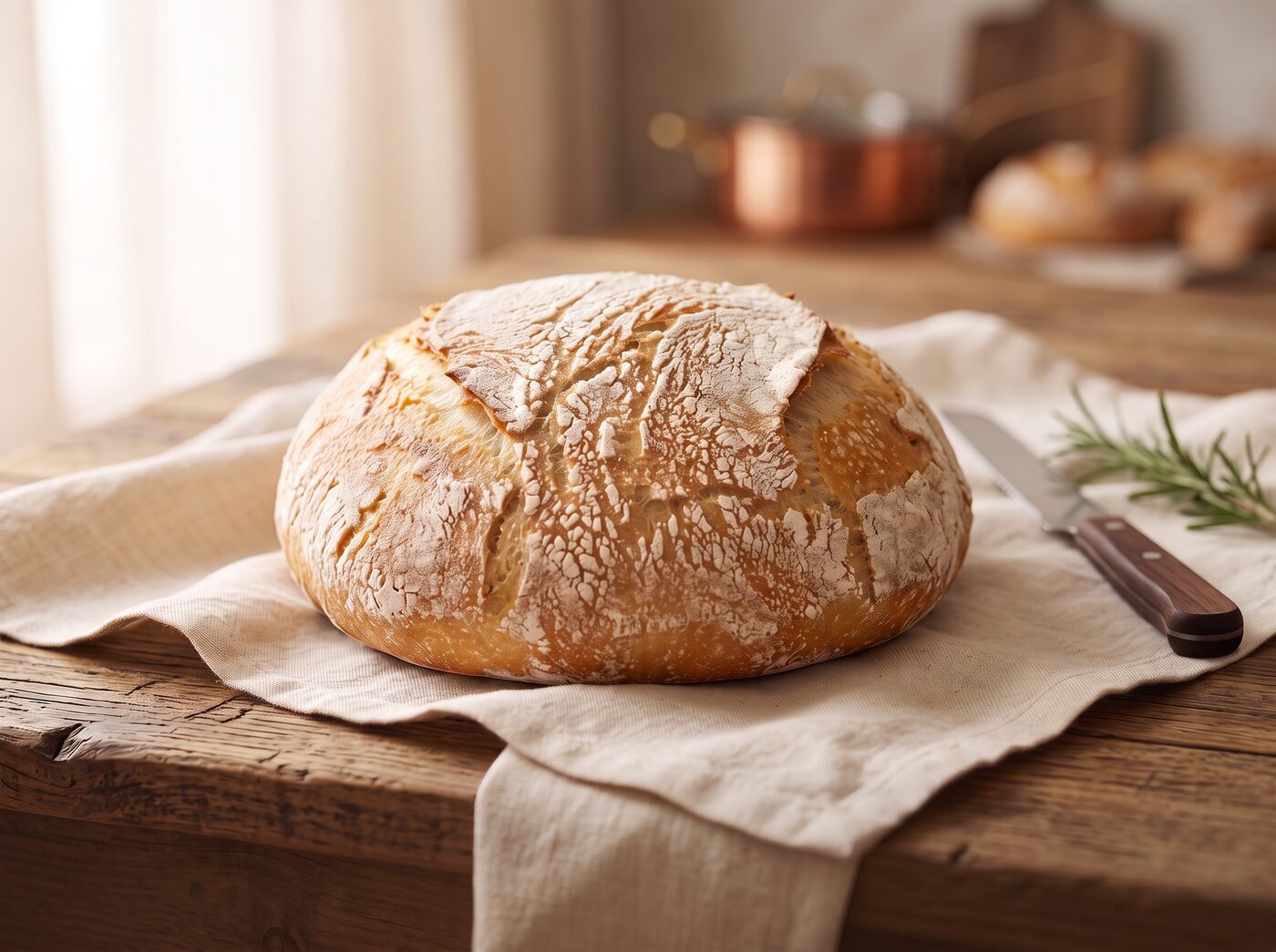 Freshly baked sourdough loaf on a linen cloth