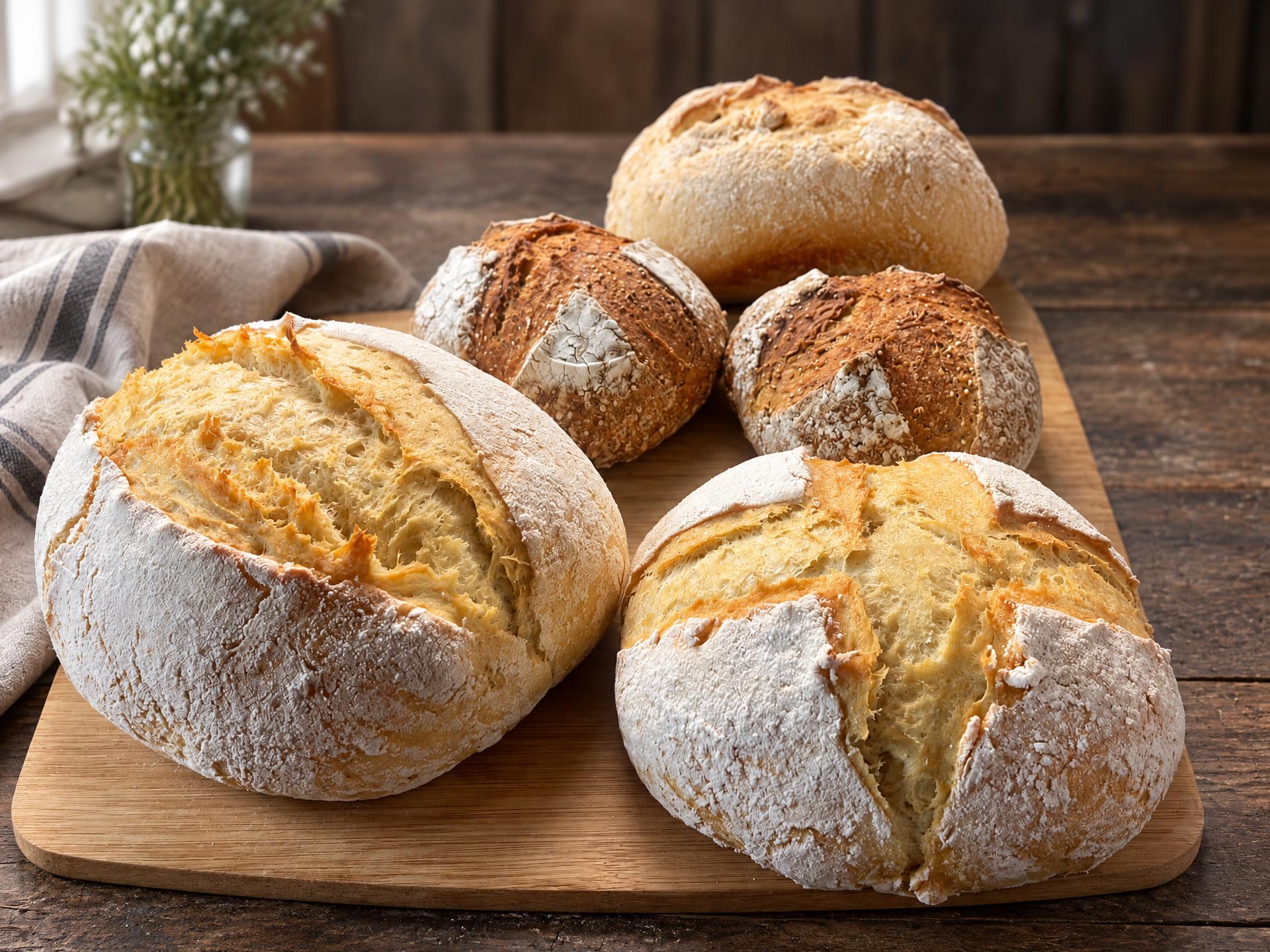 A full board of fresh sourdough loaves from the oven