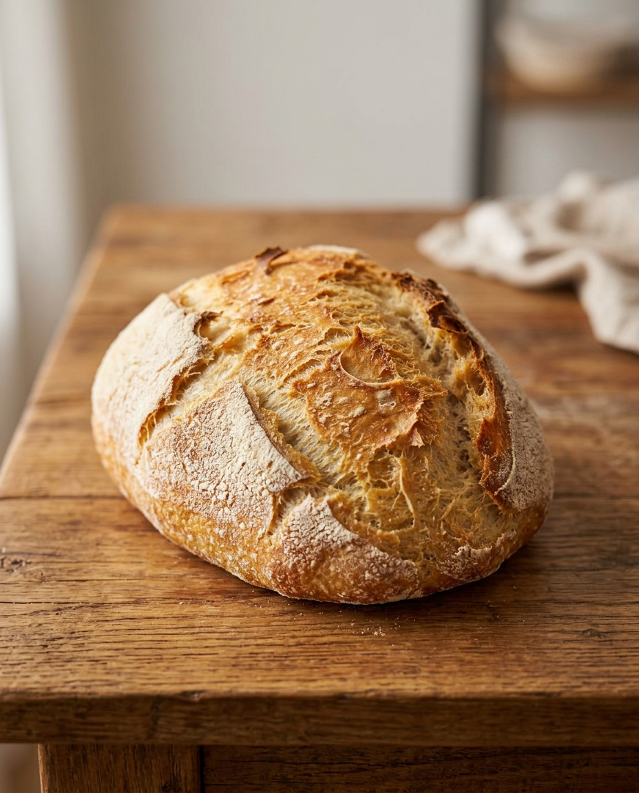 Oval rustic sourdough loaf fresh from the oven