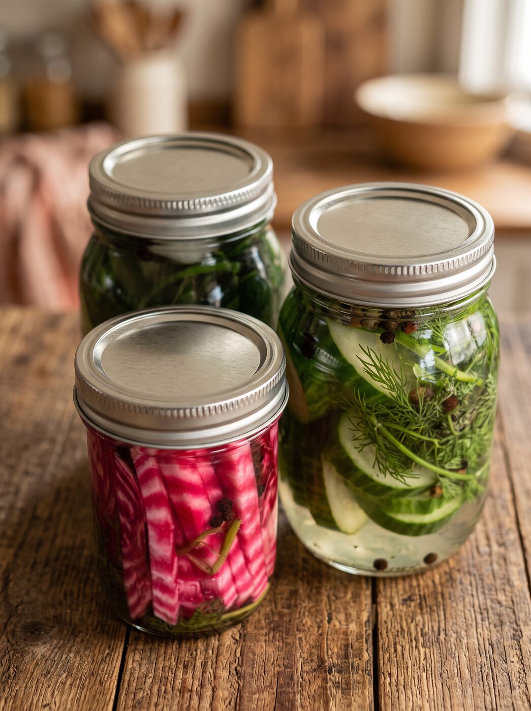 Jars of pickled vegetables with fresh dill